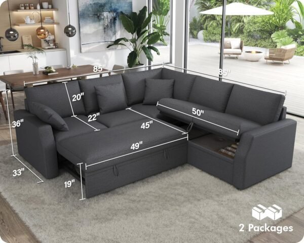 VanAcc Sofa Bed, 85 Inch Sleeper Couch with Storage Seat, L Shaped Sofa with Pull Out Sofa Bed, Sectional Couches for Living Room Apartment, Grey Linen Couch Sofa - Image 2