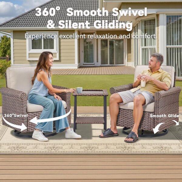 Outdoor Patio Furniture Set, 5 Pieces Patio Conversation Sets, All-Weather Wicker Outdoor Furniture, Swivel Patio Chairs for Porch Deck Backyard Garden (Beige, 5 PCS Swivel Glider & Sofa) - Image 2