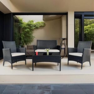 4 Piece Patio Furniture Set, Outdoor Patio Furniture Set with Soft Cushion and Glass Table Rattan Patio Chairs Conversation Sets with Sofa for Porch, Balconies, Lawns (Black and Beige)