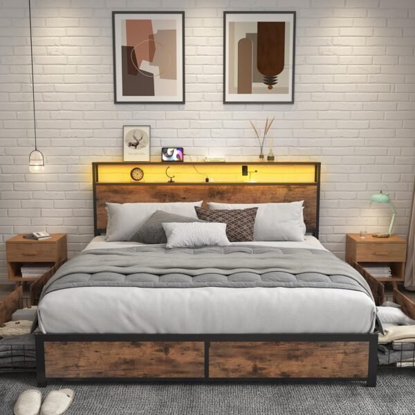 Lifezone Queen Bed Frame with 2-Tier Storage Headboard, Metal Platform Bed Frame with 4 Storage Drawers, Built in Charging Station & LED, Noise-Free/Metal Support/No Box Spring Needed, Vintage Brown - Image 6