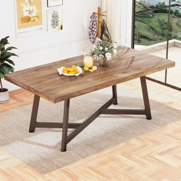 72" Farmhouse Wood Dining Table for 4 5 6 People, Rustic Solid Wood Brown Rectangular Kitchen Tables, Large Dinner Table w/Adjustable Metal Leg for Home Office,Dining Room,Family - Image 3