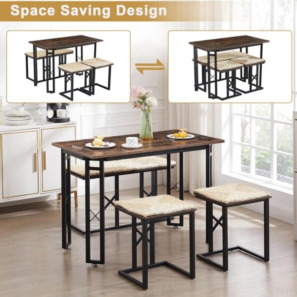 VECELO 43.3" Dining Table Sets, Farmhouse Small Kitchen Table for 4 with 3 Benches Wicker Mats,Metal Frame Space-Saving Adjustable Feets Coffee Table for Home Kitchen Dining, Dark Brown - Image 5