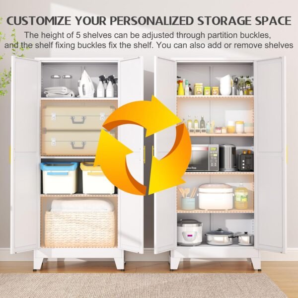 75.2" Tall Pantry Cabinet, Kitchen Pantry Storage Cabinets with 2 Door and 5 Adjustable Shelves, White Metal Pantry Storage Cabinet, Cupboard for Kitchen, Dining Room, Living Room and Bathroom - Image 4