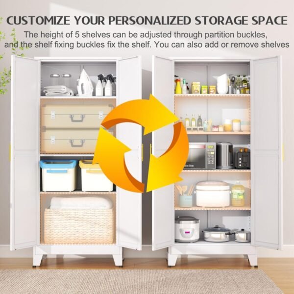 75.2" Tall Pantry Cabinet, Kitchen Pantry Storage Cabinets with 2 Door and 5 Adjustable Shelves, White Metal Pantry Storage Cabinet, Cupboard for Kitchen, Dining Room, Living Room and Bathroom - Image 4