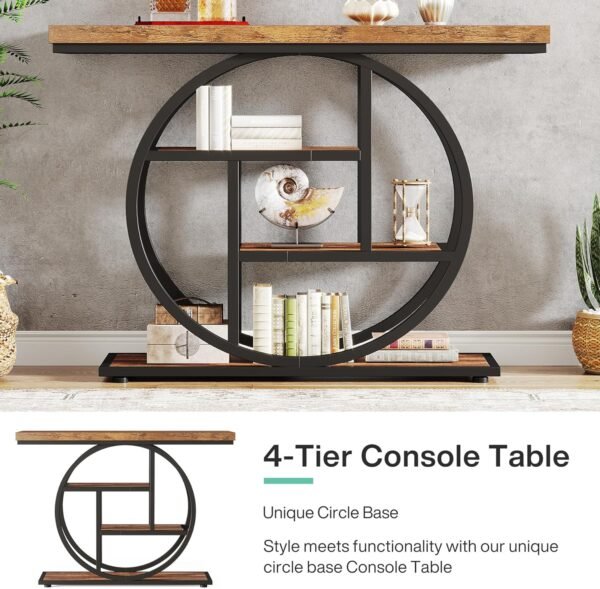 Tribesigns 41.3" Console Table, Industrial 4-Tier Sofa Table Entryway Table with Circle Base, Narrow Wood Accent Tables with Storage Shelves for Living Room, Hallway, Foyer, Rustic Brown - Image 6