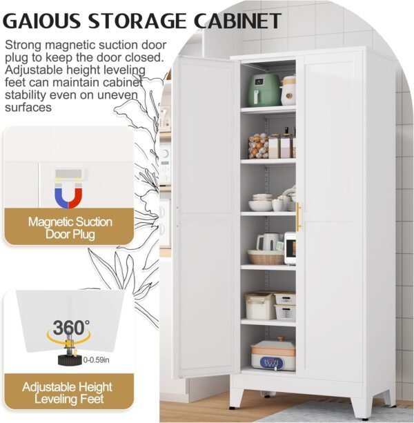 75.2" Tall Pantry Cabinet, Kitchen Pantry Storage Cabinets with 2 Door and 5 Adjustable Shelves, White Metal Pantry Storage Cabinet, Cupboard for Kitchen, Dining Room, Living Room and Bathroom - Image 5