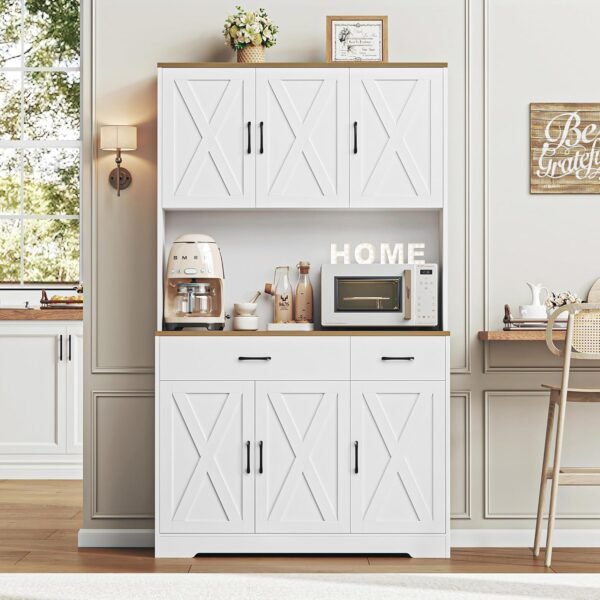 HOSTACK 71" Pantry Cabinet with Charging Station, Tall Kitchen Pantry Storage Cabinet with Microwave Stand, Farmhouse Kitchen Hutch Cabinet with Storage Drawers for Living Room, Dining Room, White - Image 4