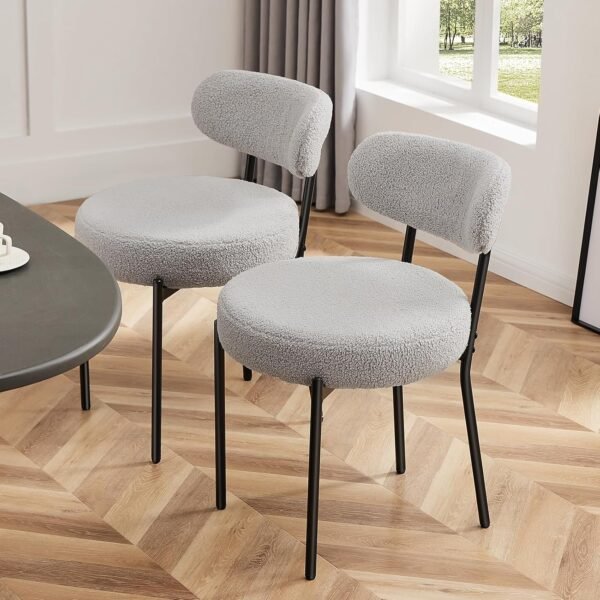 Sweetcrispy Dining Chairs Set of 4, Boucle Upholstered Modern Mid Century Round Kitchen Chairs with Curved Backrest & Metal Legs for Vanity, Living Room - Grey - Image 7