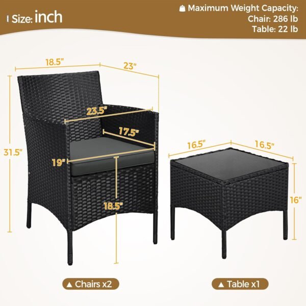 Yaheetech 3 Pieces Patio Porch Furniture Set, Outdoor PE Rattan Wicker Conversation Set with Soft Cushions, Glass Coffee Table & 2 Chairs for Garden/Deck/Courtyard/Poolside, Black/Gray - Image 4