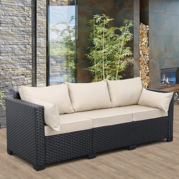 Valita 3-Seat Outdoor Rattan Sofa Patio Couch Black PE Wicker Loveseat Seating Furniture with Washable Khaki Cushions - Image 6