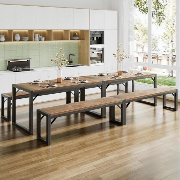 SHA CERLIN Kitchen Dining Table Set for 4 with Benches, Rustic Small Space Saving Dinette, Heavy Duty Metal Frame - Image 7