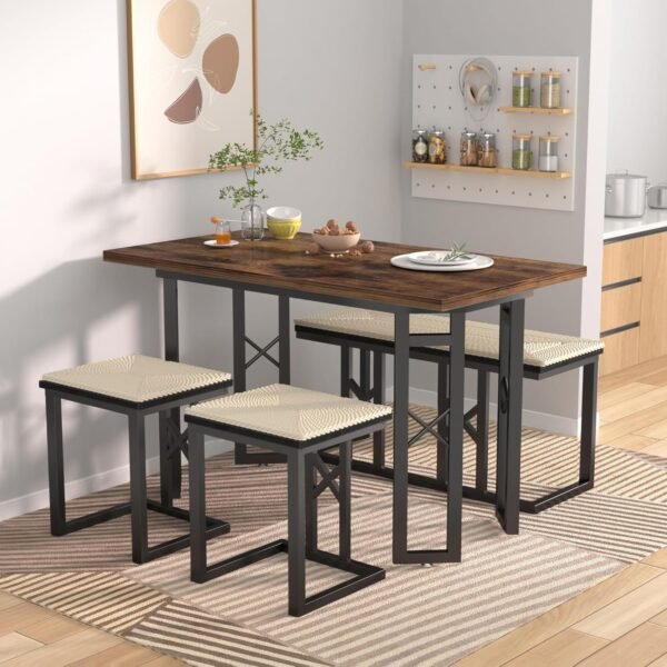 VECELO 43.3" Dining Table Sets, Farmhouse Small Kitchen Table for 4 with 3 Benches Wicker Mats,Metal Frame Space-Saving Adjustable Feets Coffee Table for Home Kitchen Dining, Dark Brown - Image 8