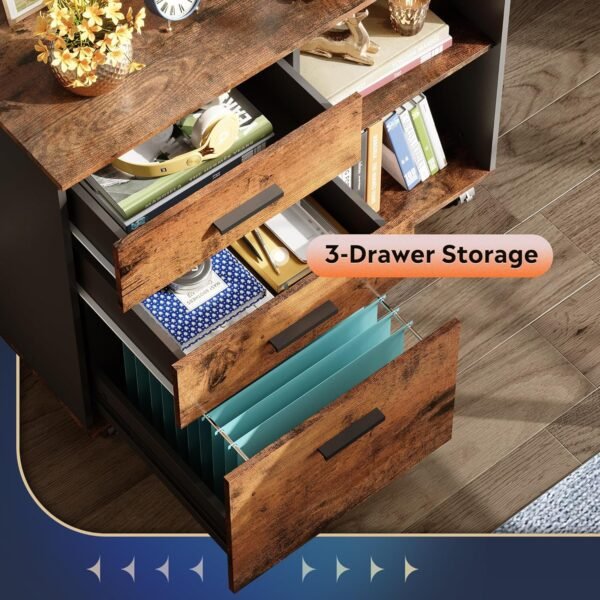 DEVAISE 3 Drawer Mobile File Cabinet, Wood Lateral Filing Cabinet, Printer Stand with Open Shelves for Home Office, Rustic Brown - Image 5
