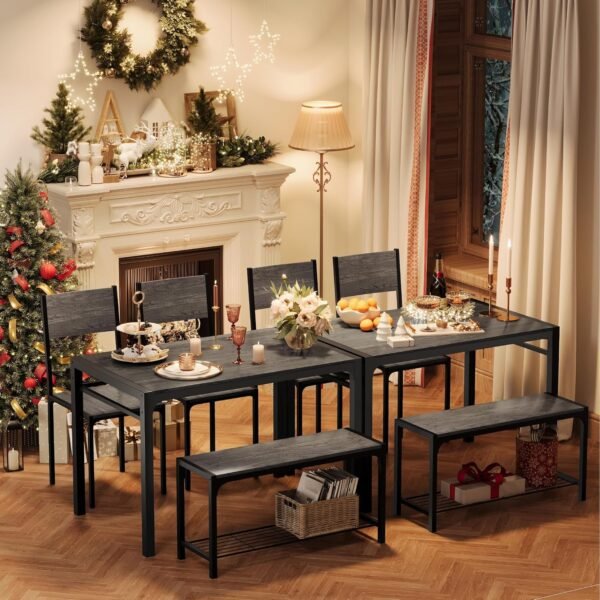 Shahoo Kitchen Table and 2 Chairs for 4 with Bench, 4 Piece Dining Sets for Small Space, Grey - Image 3