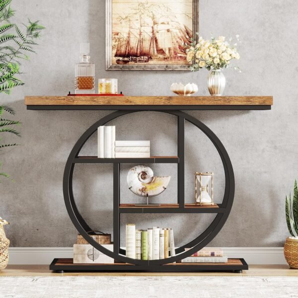 Tribesigns 41.3" Console Table, Industrial 4-Tier Sofa Table Entryway Table with Circle Base, Narrow Wood Accent Tables with Storage Shelves for Living Room, Hallway, Foyer, Rustic Brown - Image 8