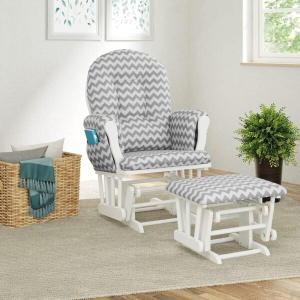 Storkcraft Premium Hoop Glider and Ottoman (White Base, Gray Chevron Cushion) – Padded Cushions with Storage Pocket, Smooth Rocking Motion, Easy to Assemble, Solid Hardwood Base - Image 4