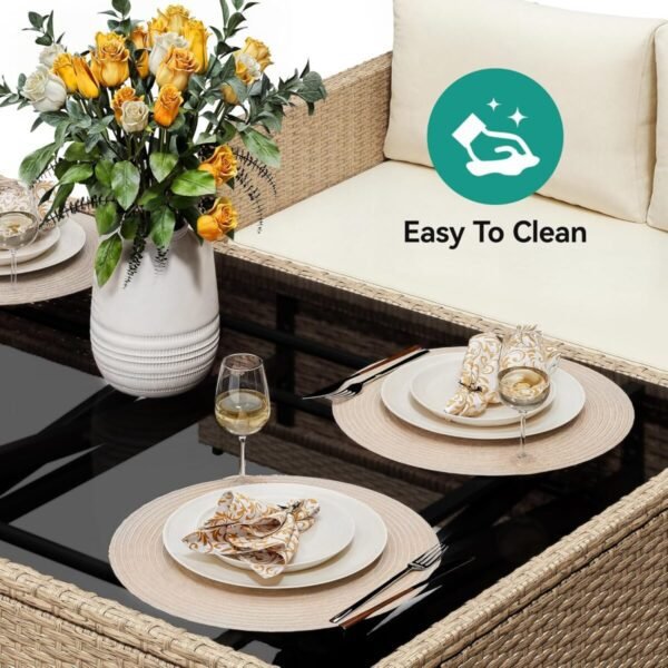 YITAHOME 6-Piece Patio Furniture Set, All-Weather Wicker Outdoor Sectional Sofa with Lift-Top Table & Ottoman, Patio Conversation Set for Deck, Backyard, Porch - Light Brown+Beige - Image 3