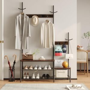 CharaVector Hall Tree Coat Rack Shoe Bench, Industrial Design, 3-in-1, Rustic Brown