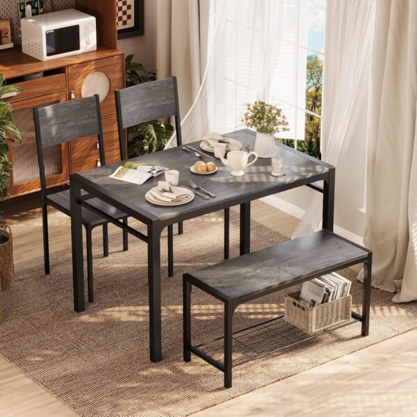 Shahoo Kitchen Table and 2 Chairs for 4 with Bench, 4 Piece Dining Sets for Small Space, Grey - Image 2
