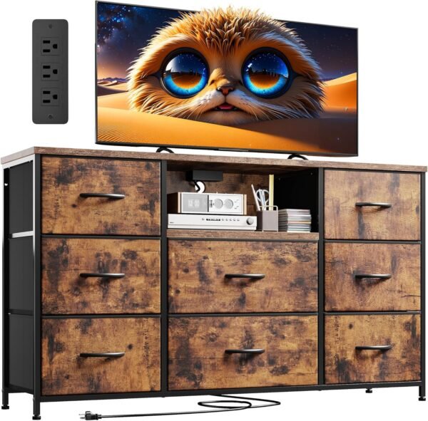 Dresser for Bedroom with Power Outlets, 55" TV Stand Dresser with 8 Drawers, Fabric Dressers & Chest of Drawers for Living Room, Entryway, Rustic Brown