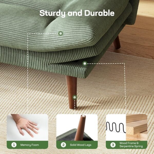 Marsail Futon Sofa Bed, Corduroy Futon Couch with Adjustable Backrest & Armrests, Convertible Small Sleeper Sofa Bed for Small Apartments, Study Room, Office, Green - Image 6