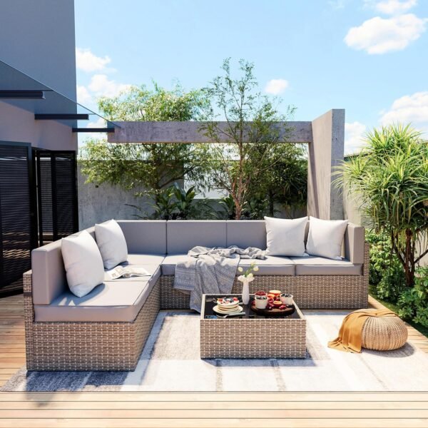Pamapic 7 Pieces Outdoor Sectional Furniture，Wicker Patio sectional Furniture Sets，All-Weather Rattan Patio Conversation Set with Washable Cushions Covers， Gray Rattan(Gray Cushions)