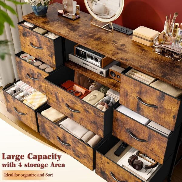 Dresser for Bedroom with Power Outlets, 55" TV Stand Dresser with 8 Drawers, Fabric Dressers & Chest of Drawers for Living Room, Entryway, Rustic Brown - Image 5