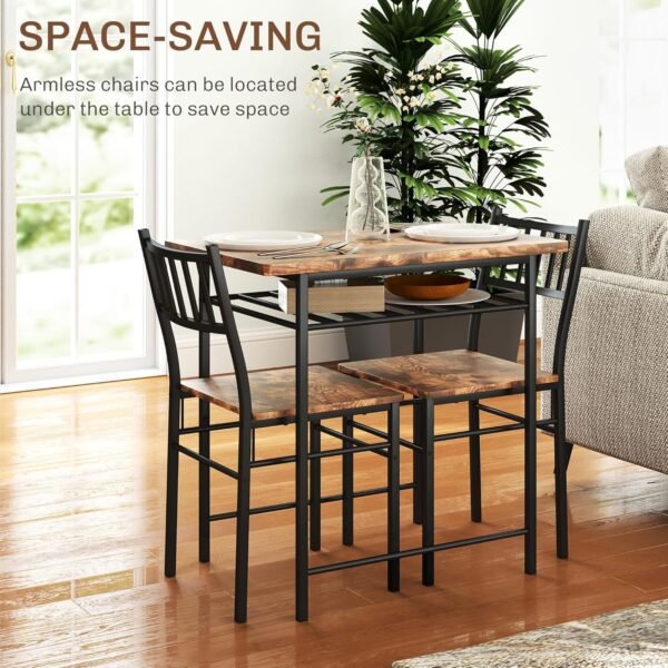 HOMCOM 3-Piece Dining Table Set for 2, Small Kitchen Table and Chairs with Built-in Storage Rack and Steel Frame, for Breakfast Nook and Small Space, Rustic Brown - Image 3