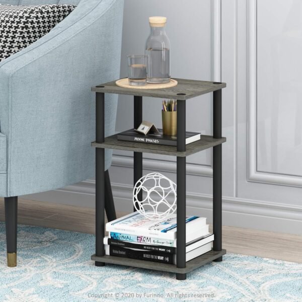 Furinno Just 3-Tier Turn-N-Tube End Table / Side Table / Night Stand / Bedside Table with Plastic Poles, 1-Pack, French Oak Grey/Black - Image 2