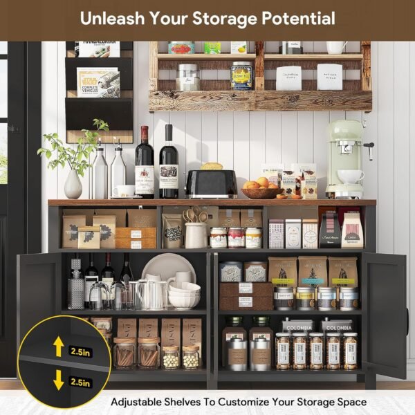 Buffet Sideboard with Storage Farmhouse with 4 Doors, 55'' Large Kitchen Storage Cabinet Wood Coffee Bar Cabinet Buffet Table with Shelves for Kitchen, Dining Room, Entryway (Black, 55 in) - Image 3