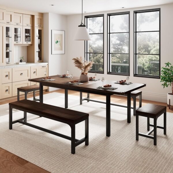 5 Pieces Dining Room Table Set for 4-6, 63' Extendable Kitchen Table Set with 2 Benches & 2 Stools, Small Dining Table Set with Metal Frame & MDF Board, Espresso - Image 7