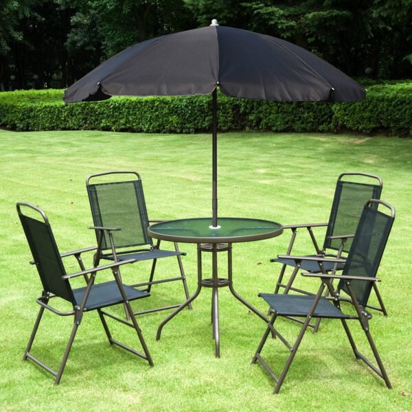 Outsunny 6 Piece Patio Dining Set for 4 with Umbrella, Outdoor Table and Chairs with 4 Folding Dining Chairs & Round Glass Table for Garden, Backyard and Poolside, Black - Image 2
