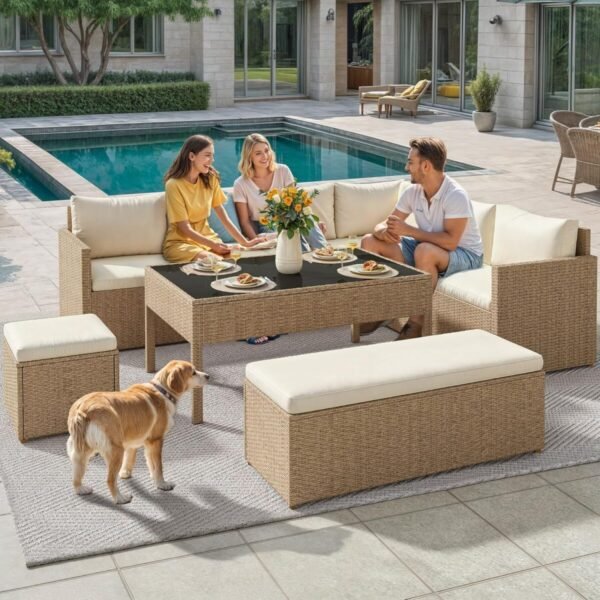 YITAHOME 6-Piece Patio Furniture Set, All-Weather Wicker Outdoor Sectional Sofa with Lift-Top Table & Ottoman, Patio Conversation Set for Deck, Backyard, Porch - Light Brown+Beige - Image 2