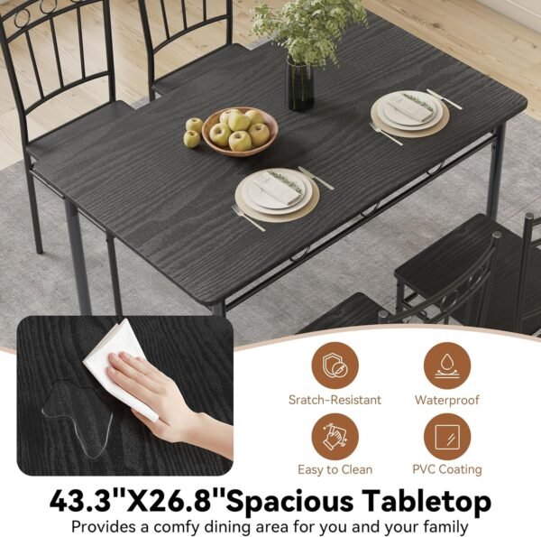 Dining Table Set for 4, 5-Piece Kitchen Table and Chairs, Rectangular Dining Room Table Set with 4 Chairs, Space-Saving Kitchen Table Set for Small Space,Dinette,Apartment,Retro Black - Image 6