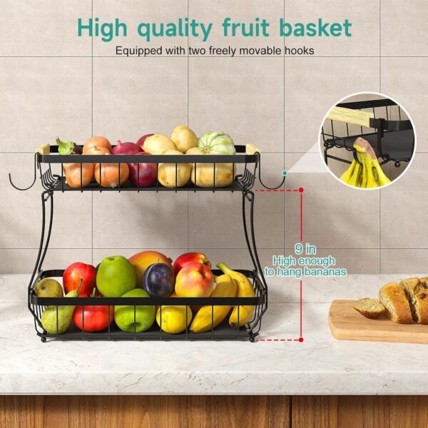 2 Tier Fruit Basket for Kitchen with 2 Banana Hangers, Detachable Metal Fruit Bowl for Kitchen Counter for Fruit and Vegetable Storage, Large Capacity Rectangular Storage Stand Bowls - Image 2