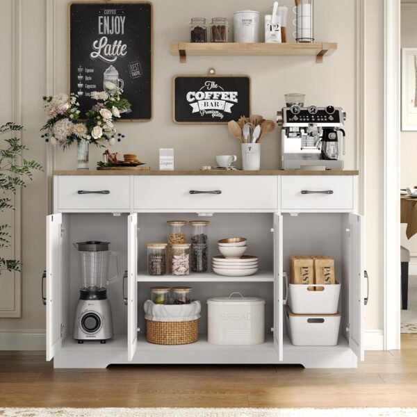 HOSTACK Buffet Cabinet with Drawers, 55" Large Sideboard Buffet Storage Cabinet with Shelves and Doors, Modern Farmhouse Coffee Bar Cabinet Wood Buffet Table for Kitchen, Dining Room, White/Rustic - Image 7