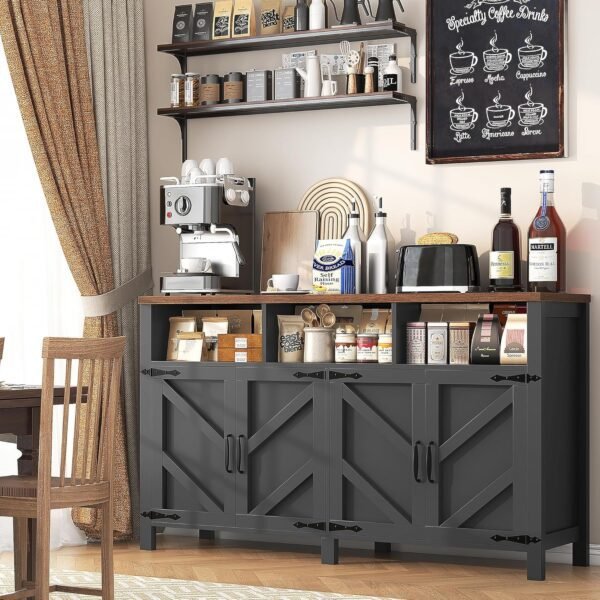Buffet Sideboard with Storage Farmhouse with 4 Doors, 55'' Large Kitchen Storage Cabinet Wood Coffee Bar Cabinet Buffet Table with Shelves for Kitchen, Dining Room, Entryway (Black, 55 in) - Image 5