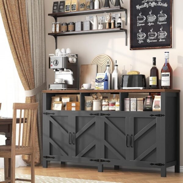 Buffet Sideboard with Storage Farmhouse with 4 Doors, 55'' Large Kitchen Storage Cabinet Wood Coffee Bar Cabinet Buffet Table with Shelves for Kitchen, Dining Room, Entryway (Black, 55 in) - Image 5