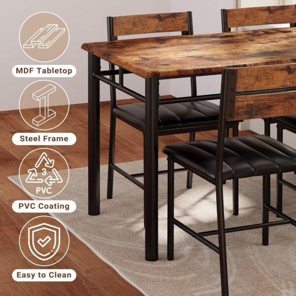 IRONCK Dining Table Set for 4, Wood Kitchen Table with Upholstered Chairs Dinning Table Set for Kitchen & Dining Room, Compact Dining Set for Small Spaces, Rustic Brown - Image 7