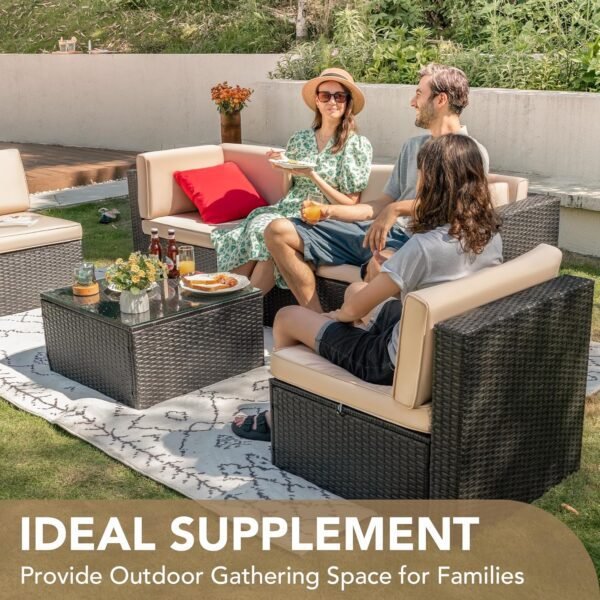 Devoko Patio Furniture Sets 6 Pieces Outdoor Sectional Rattan Sofa Manual Weaving Wicker Patio Conversation Set with Glass Table and Cushion (Beige) - Image 2