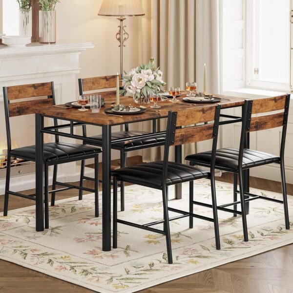 IRONCK Dining Table Set for 4, Wood Kitchen Table with Upholstered Chairs Dinning Table Set for Kitchen & Dining Room, Compact Dining Set for Small Spaces, Rustic Brown - Image 9
