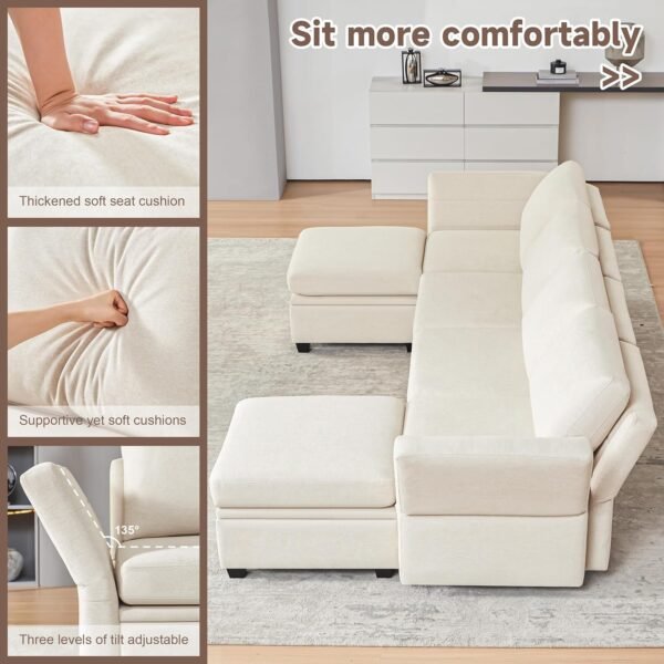 Modular Sectional Sofa with Storage, U Shaped Sectional Couch for Living Room, Convertible Modular Sofa Couch with Ottomans, High Supportive & Soft Sponge, 6 Seat, Beige - Image 3