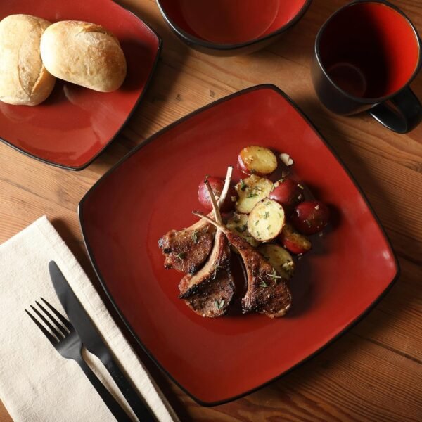 Gibson Soho Lounge Square Reactive Glaze Dinnerware Set, Red, Service for 4 (16pcs) - Image 3