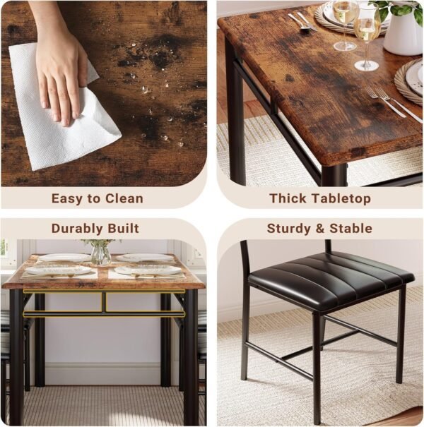 IRONCK Dining Table Set for 4, Wood Kitchen Table with Upholstered Chairs Dinning Table Set for Kitchen & Dining Room, Compact Dining Set for Small Spaces, Rustic Brown - Image 6