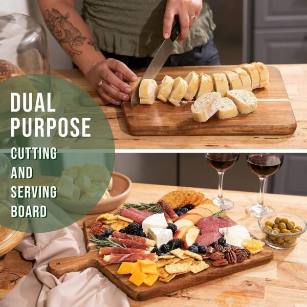 Acacia Wood Cutting Board and Chopping Board with Handle for Meat, Cheese Board, Vegetables, Bread, and Charcuterie - Decorative Wooden Serving Board for Kitchen and Dining Room, Large 17” x 13” - Image 2
