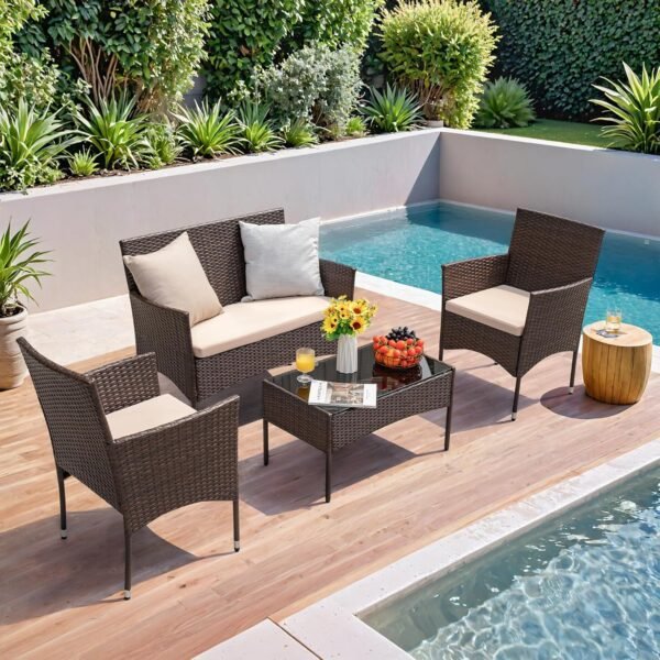 Homall 4 Pieces Outdoor Patio Furniture Sets Rattan Chair Wicker Set, Outdoor Indoor Use Backyard Porch Garden Poolside Balcony Furniture Sets Clearance (Brown and Beige) - Image 5