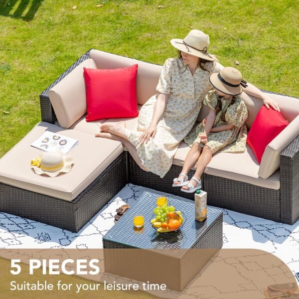 Devoko 5 Pieces Patio Furniture Sets All Weather Outdoor Sectional Patio Sofa Manual Weaving Wicker Rattan Patio Seating Sofas with Cushion and Glass Table(Beige) - Image 5