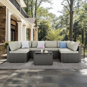 Skyfish 7 Pieces Patio Furniture Set - Outdoor Sectional Wicker Rattan Furniture with Cushion and Glass Table Patio Conversation Sets for Porch Poolside Backyard Outdoor Sofa Set Modular Sofa