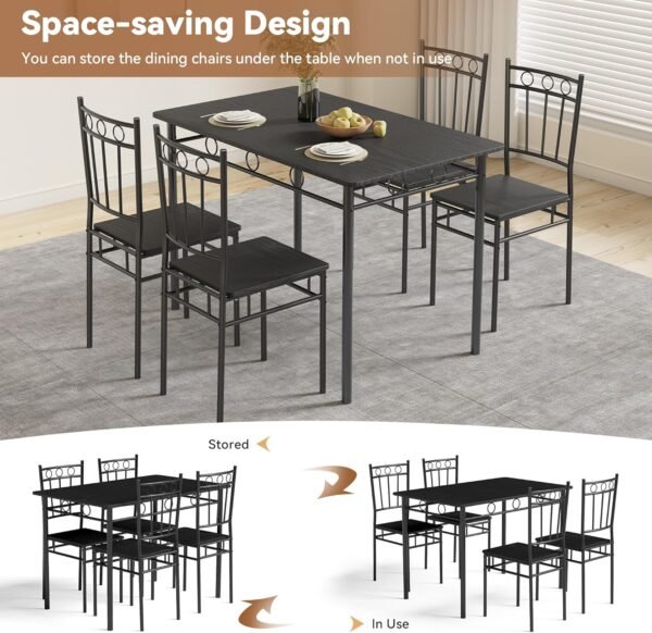 Dining Table Set for 4, 5-Piece Kitchen Table and Chairs, Rectangular Dining Room Table Set with 4 Chairs, Space-Saving Kitchen Table Set for Small Space,Dinette,Apartment,Retro Black - Image 7