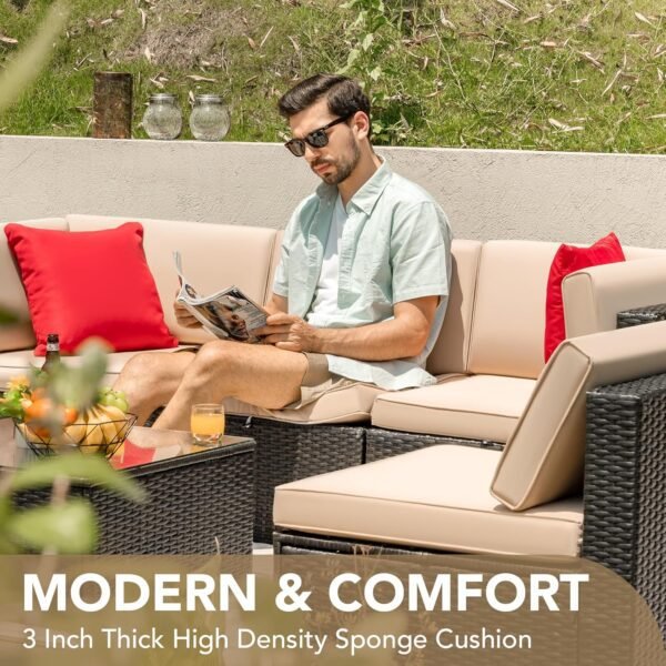 Devoko Patio Furniture Sets 6 Pieces Outdoor Sectional Rattan Sofa Manual Weaving Wicker Patio Conversation Set with Glass Table and Cushion (Beige) - Image 8